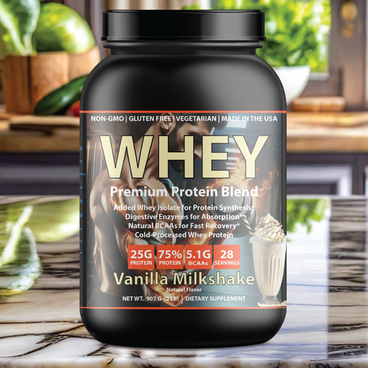 Premium Whey Protein - Vanilla Milkshake: 25g Protein, 5.1 BCAAs, 2 lbs